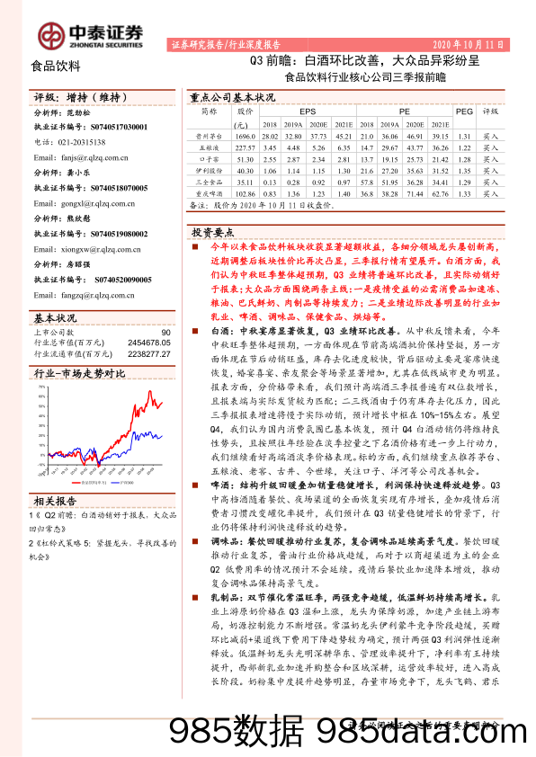 【食品饮料-研报】食品饮料行业核心公司三季报前瞻：Q3前瞻，白酒环比改善，大众品异彩纷呈-20201011-中泰证券