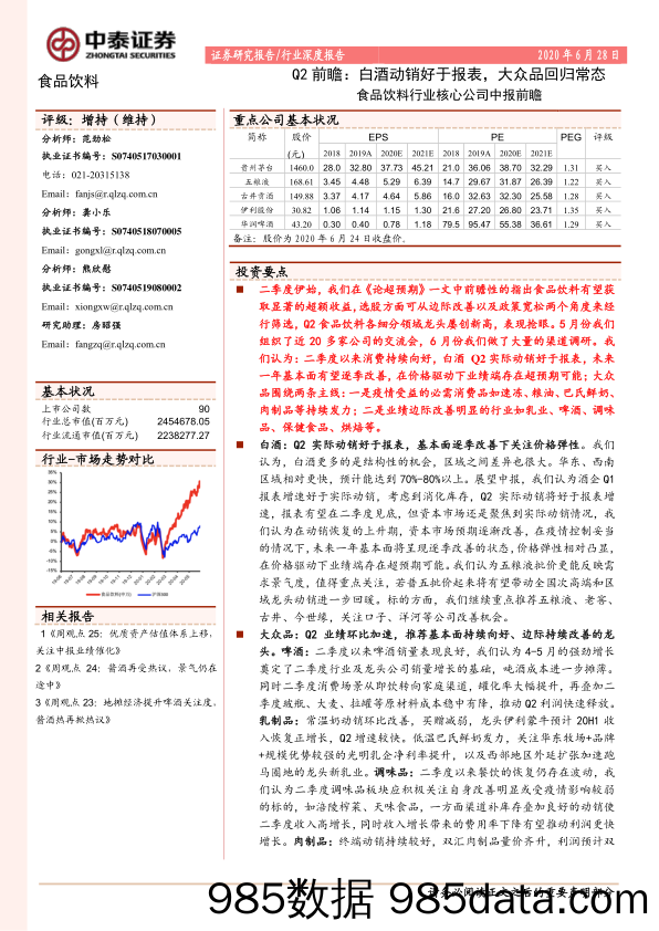 【食品饮料-研报】食品饮料行业核心公司中报前瞻：Q2前瞻，白酒动销好于报表，大众品回归常态-20200628-中泰证券