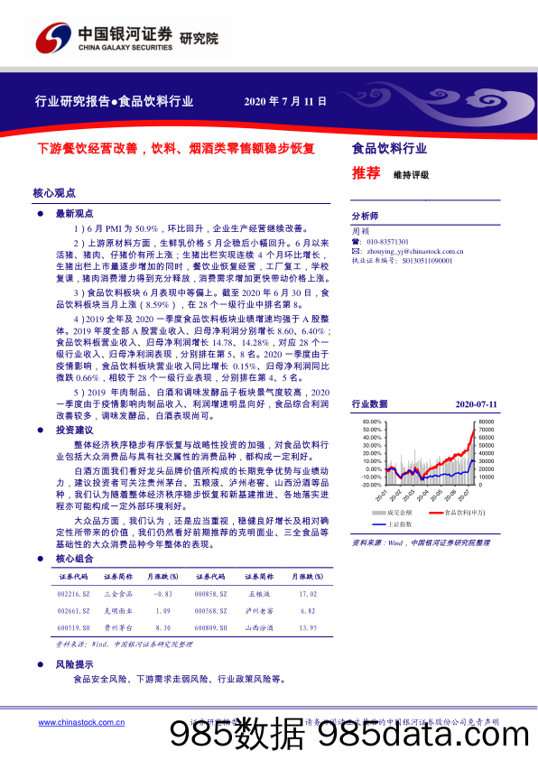 【食品饮料-研报】食品饮料行业：下游餐饮经营改善，饮料、烟酒类零售额稳步恢复-20200711-银河证券