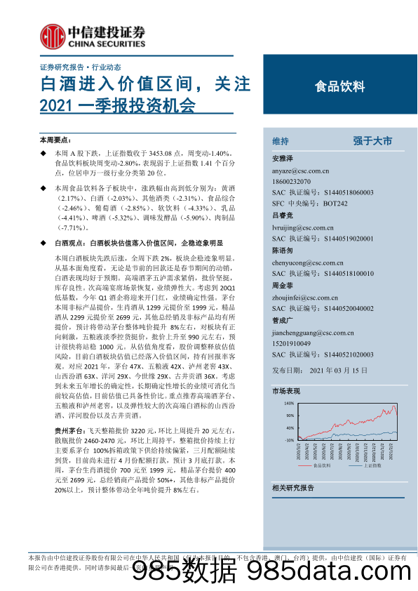 【食品饮料-研报】食品饮料行业：白酒进入价值区间，关注2021一季报投资机会-20210315-中信建投