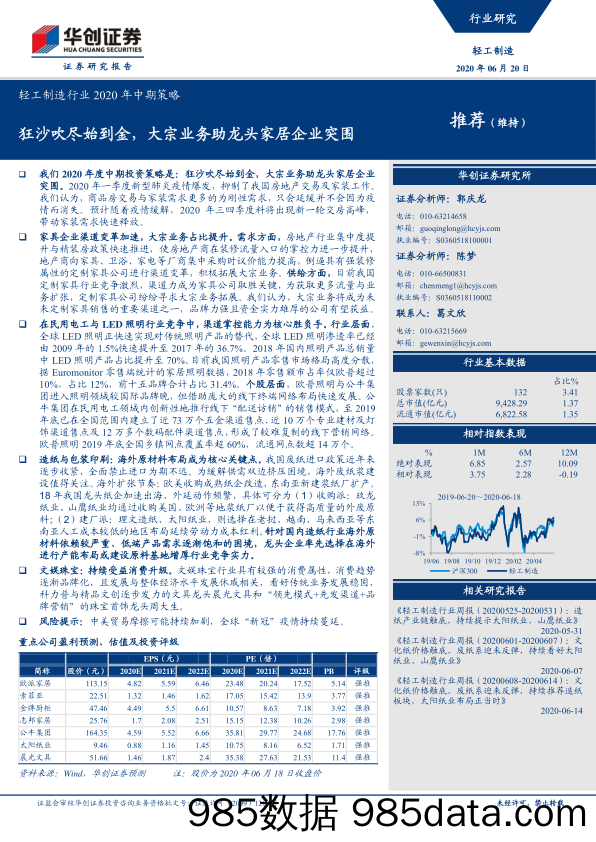 【家居市场研报】轻工制造行业2020年中期策略：狂沙吹尽始到金，大宗业务助龙头家居企业突围-20200620-华创证券