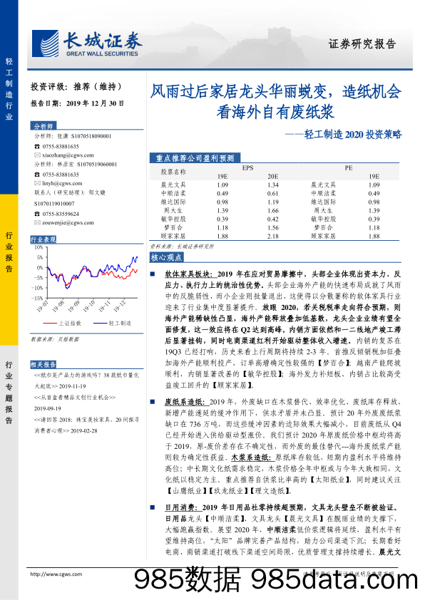 【家居市场研报】轻工制造行业2020投资策略：风雨过后家居龙头华丽蜕变，造纸机会看海外自有废纸浆-20191230-长城证券