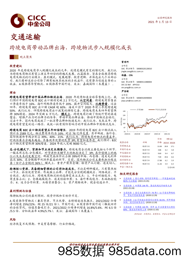 【出口贸易】交通运输行业：跨境电商带动品牌出海，跨境物流步入规模化成长-20210113-中金公司