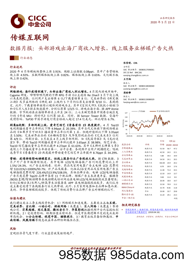 【出口贸易】传媒互联网行业数据月报：头部游戏出海厂商收入增长，线上服务业梯媒广告火热-20200522-中金公司