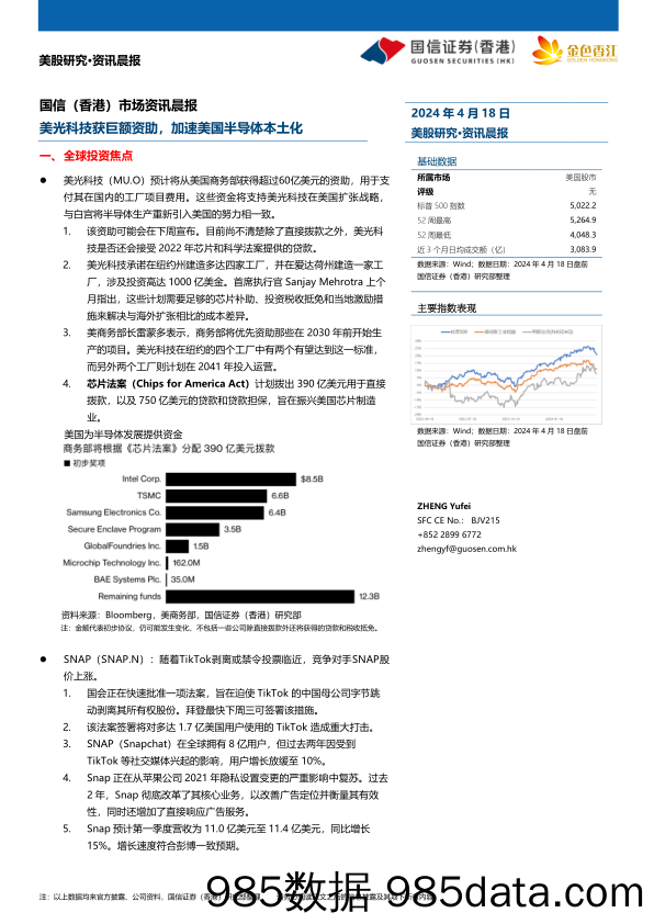 市场资讯：美光科技获巨额资助，加速美国半导体本土化-240418-国信证券(香港)