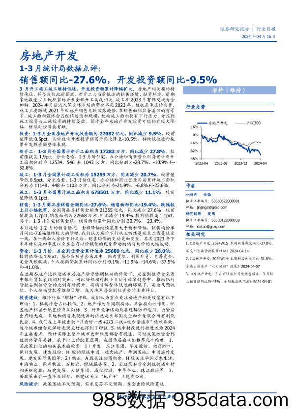 房地产开发行业1-3月统计局数据点评：销售额同比-27.6%25，开发投资额同比-9.5%25-240416-国盛证券