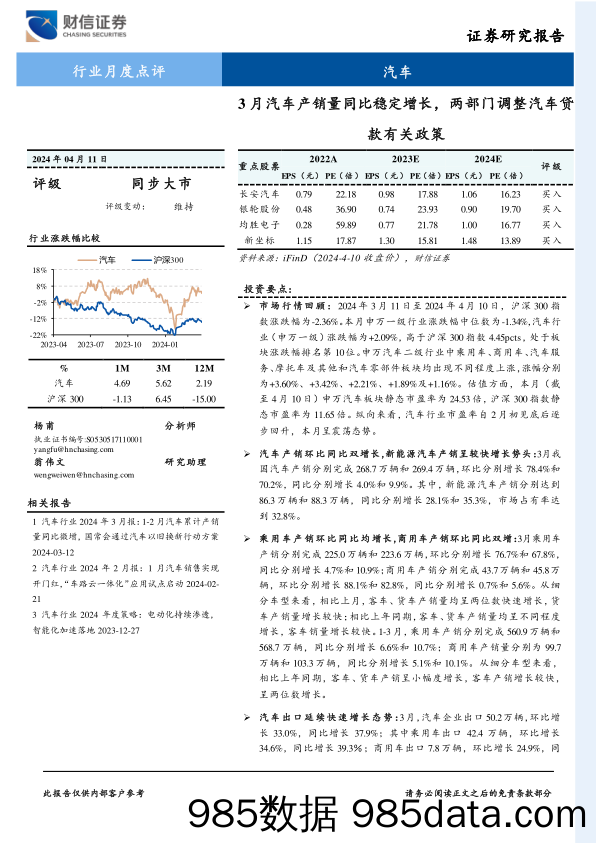 汽车行业月度点评：3月汽车产销量同比稳定增长，两部门调整汽车贷款有关政策-240411-财信证券