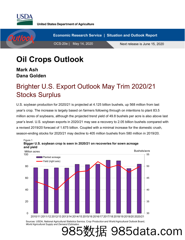 【出口贸易】美国农业部-美股-农业行业-油料作物展望：美国出口前景转好，可能削减2021年的库存盈余-20200514