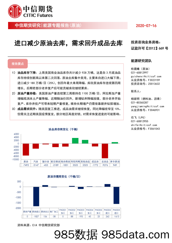 【进口贸易】能源专题报告（原油）：进口减少原油去库，需求回升成品去库-20200716-中信期货插图