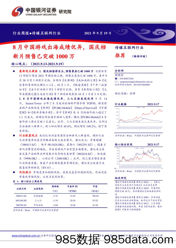 【游戏市场研报】传媒互联网行业：8月中国游戏出海成绩优异，国庆档新片预售已突破1000万