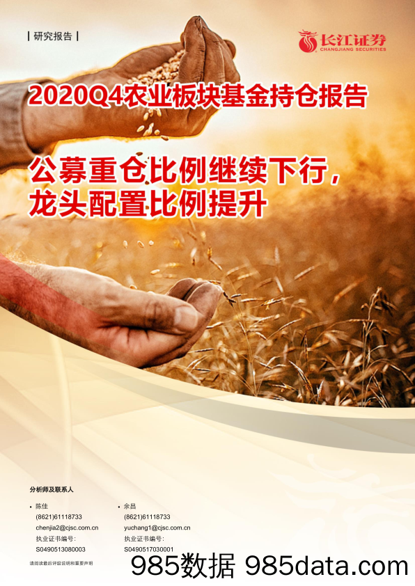 【农林牧渔-研报】2020Q4农业板块基金持仓报告：公募重仓比例继续下行，龙头配置比例提升-20210126-长江证券