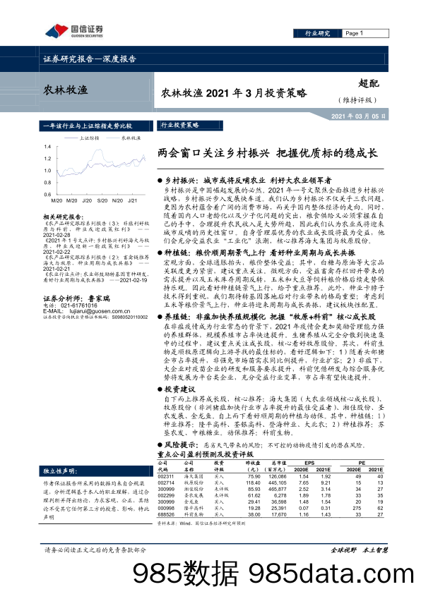 【农林牧渔-研报】农林牧渔行业2021年3月投资策略：两会窗口关注乡村振兴，把握优质标的稳成长-20210305-国信证券