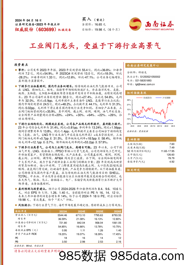 纽威股份-603699.SH-工业阀门龙头，受益于下游行业高景气-20240416-西南证券