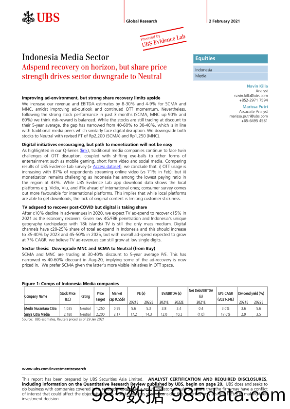 【广告传媒-研报】瑞银-亚太地区媒体行业-印尼媒体业：Adspend复苏在望，但股价强劲推动板块评级降至中性-2021.2.2