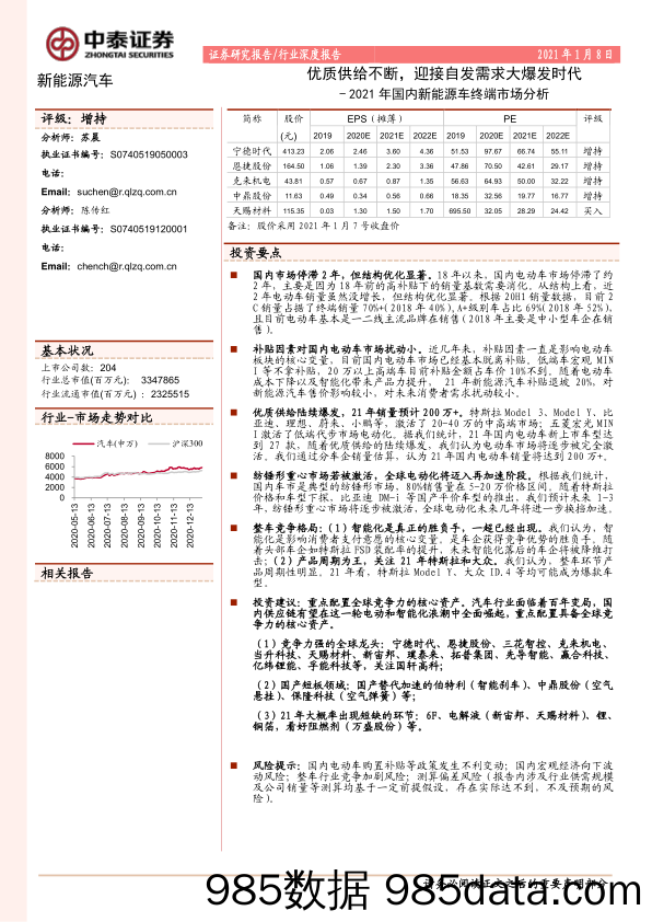 【新能源汽车研报】新能源汽车行业2021年国内新能源车终端市场分析：优质供给不断，迎接自发需求大爆发时代-20210108-中泰证券