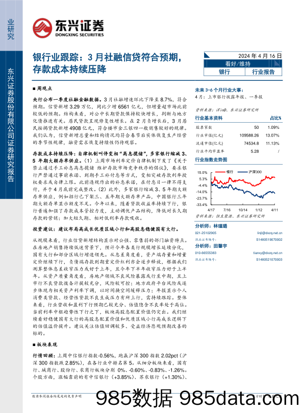 银行业跟踪：3月社融信贷符合预期，存款成本持续压降240416-东兴证券