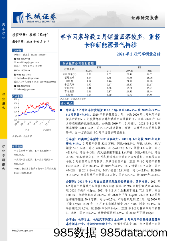 【新能源汽车研报】汽车行业2021年2月汽车销量总结：春节因素导致2月销量回落较多，重轻卡和新能源景气持续-20210324-长城证券