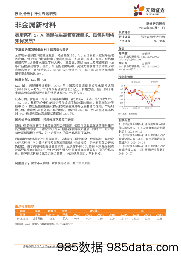 非金属新材料行业树脂系列1：Ai浪潮催生高频高速需求，碳氢树脂将如何发展？-240418-天风证券插图