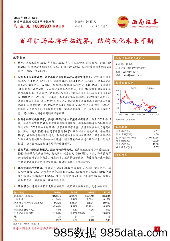 马应龙-600993.SH-百年肛肠品牌开拓边界，结构优化未来可期-20240413-西南证券