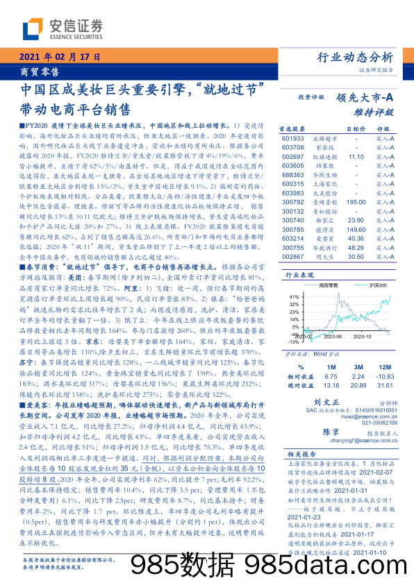 【零售 新零售-研报】商贸零售行业：中国区成美妆巨头重要引擎，“就地过节”带动电商平台销售-20210217-安信证券