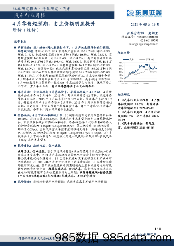 【零售 新零售-研报】汽车行业月报：4月零售超预期，自主份额明显提升-20210516-东吴证券