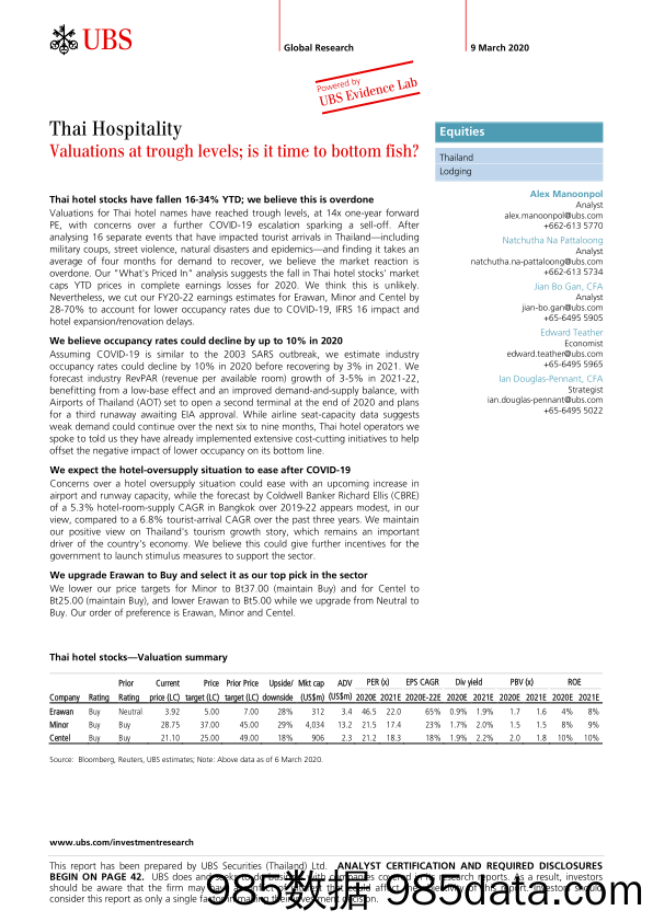 【酒店市场研报】瑞银-亚太地区-酒店住宿行业-泰国酒店业：估值处于谷底水平-2020.3.9