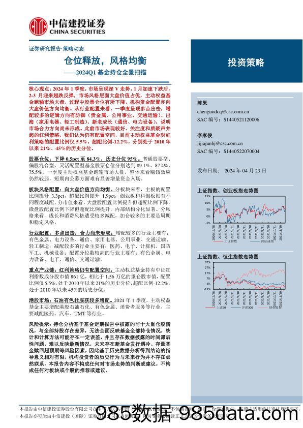 2024Q1基金持仓全景扫描：仓位释放，风格均衡-240423-中信建投