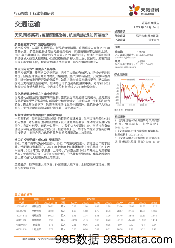 【疫情下市场报告】交通运输行业天风问答系列：疫情预期改善，航空和航运如何演变？-20220124-天风证券