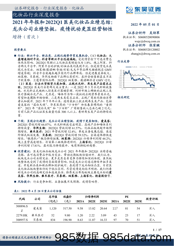 【医美市场报告】化妆品行业深度报告：2021年年报和2022Q1医美化妆品业绩总结，龙头公司业绩坚挺，疫情扰动更显经营韧性-20220501-东吴证券