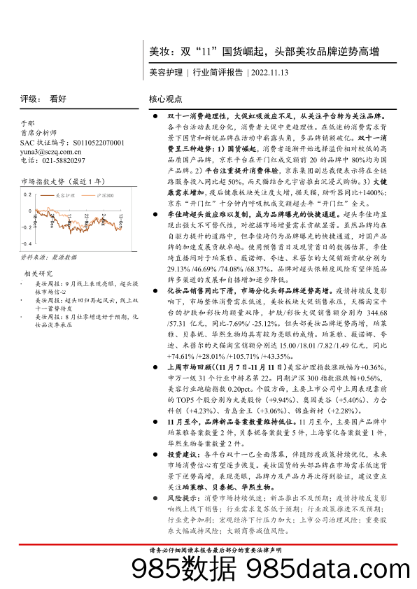 【医美市场报告】美容护理行业简评报告：美妆，双“11”国货崛起，头部美妆品牌逆势高增-20221113-首创证券