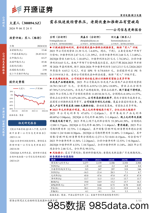 火星人(300894)公司信息更新报告：需求低迷致经营承压，老厨改叠加推新品有望破局-240424-开源证券