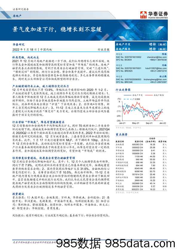 【地产市场研报】房地产行业月报： 景气度加速下行，稳增长刻不容缓-20220118-华泰证券