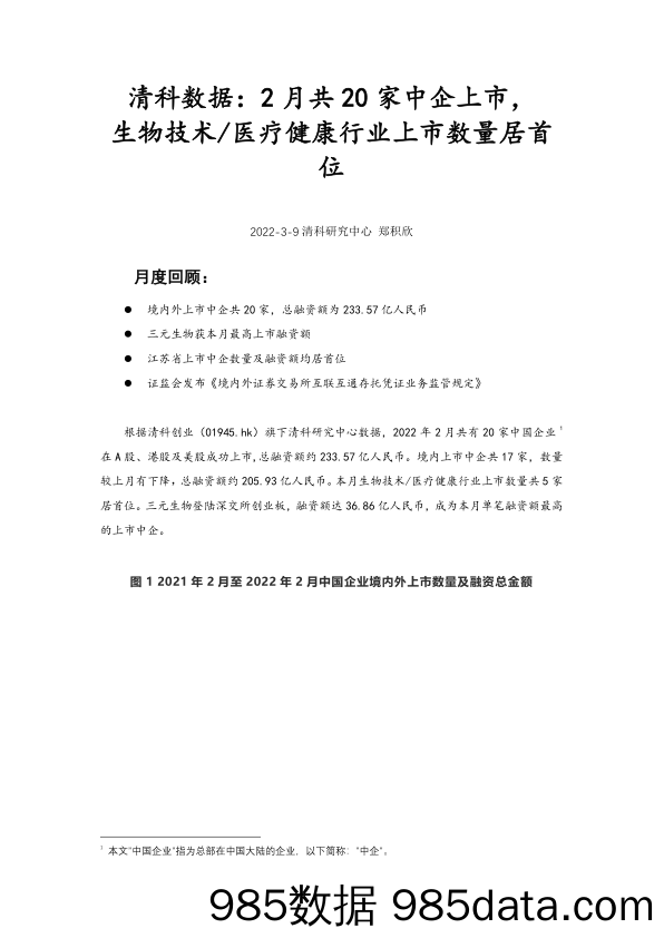 【养老大健康-市场分析】清科数据：2月共20家中企上市，生物技术-医疗健康行业上市数量居首位插图