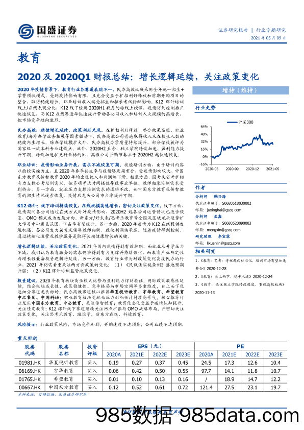 教育行业：2020及2020Q1财报总结，增长逻辑延续，关注政策变化-20210509-国盛证券