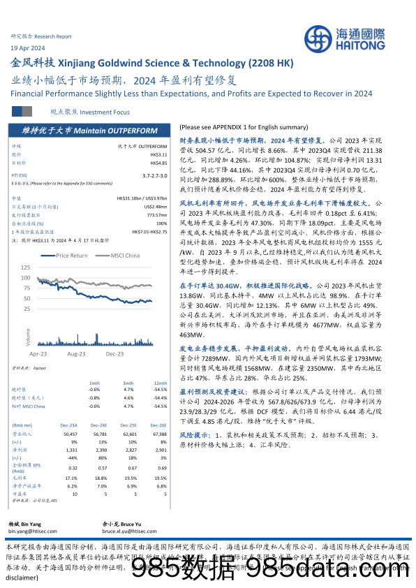 金风科技(02208.HK)业绩小幅低于市场预期，2024年盈利有望修复-240419-海通国际插图