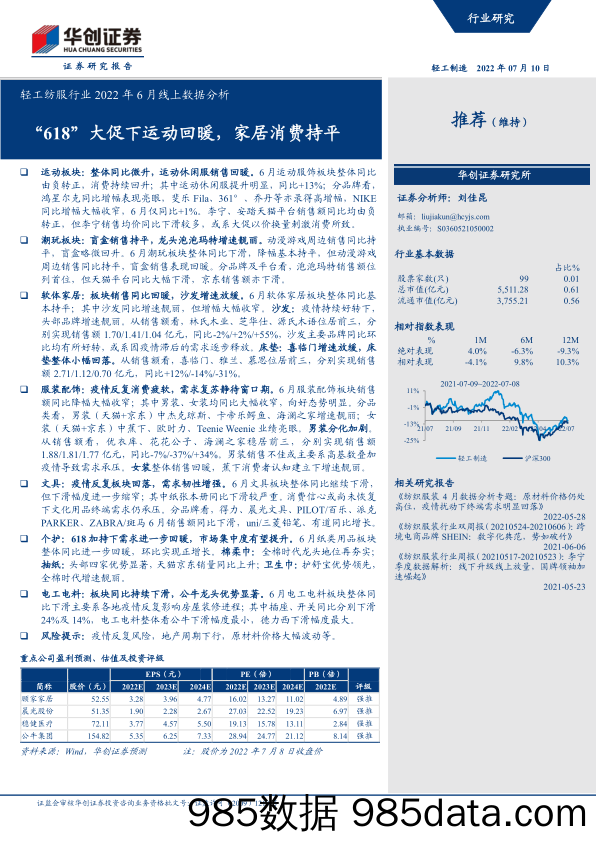 【家居市场报告】轻工纺服行业2022年6月线上数据分析：“618”大促下运动回暖，家居消费持平-20220710-华创证券