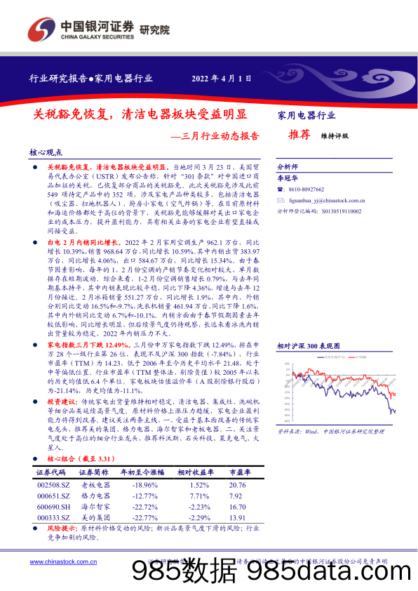 【家电市场报告】家用电器行业三月行业动态报告：关税豁免恢复，清洁电器板块受益明显-20220401-银河证券