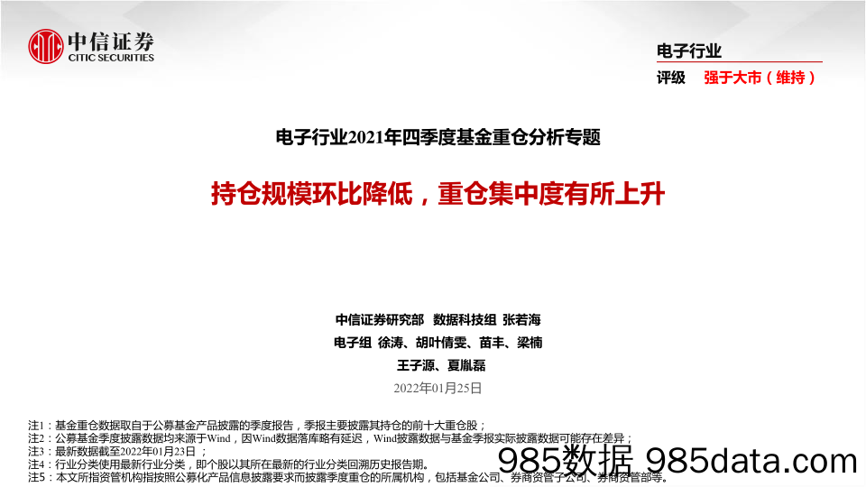 【股票基金市场】电子行业2021年四季度基金重仓分析专题：持仓规模环比降低，重仓集中度有所上升-20220125-中信证券