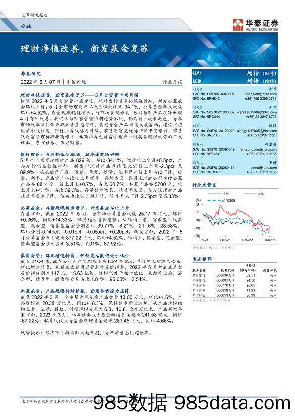 【股票基金市场】金融行业月报：理财净值改善，新发基金复苏-20220607-华泰证券