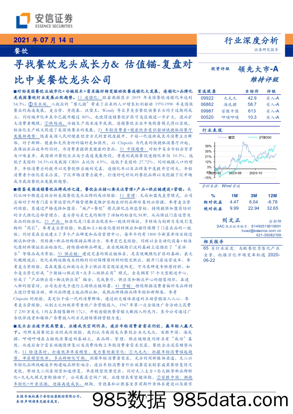 【餐饮外卖-研报】餐饮行业：寻找餐饮龙头成长力&估值锚，复盘对比中美餐饮龙头公司-20210714-安信证券