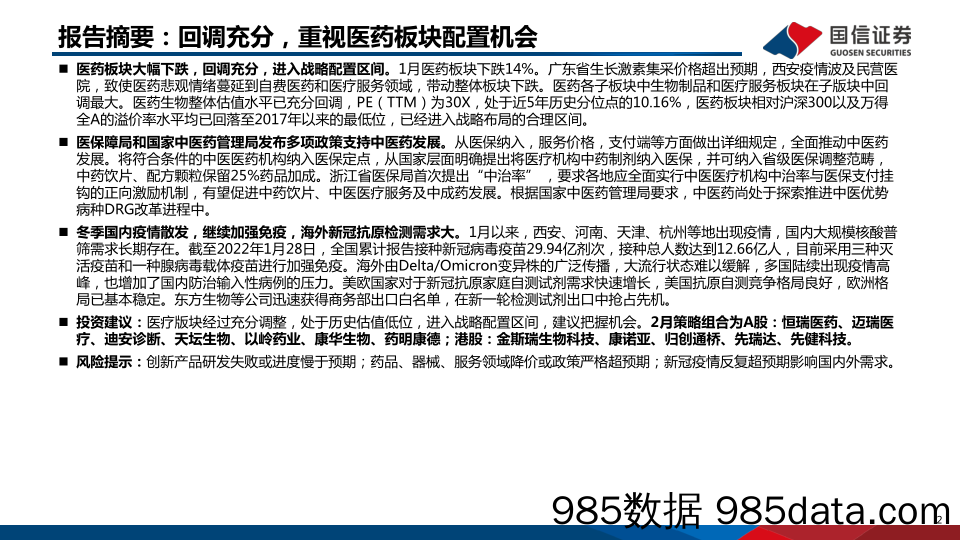 【医疗行业研报】医药生物行业2022年2月投资策略：回调充分，重视医药板块配置机会-20220205-国信证券插图1