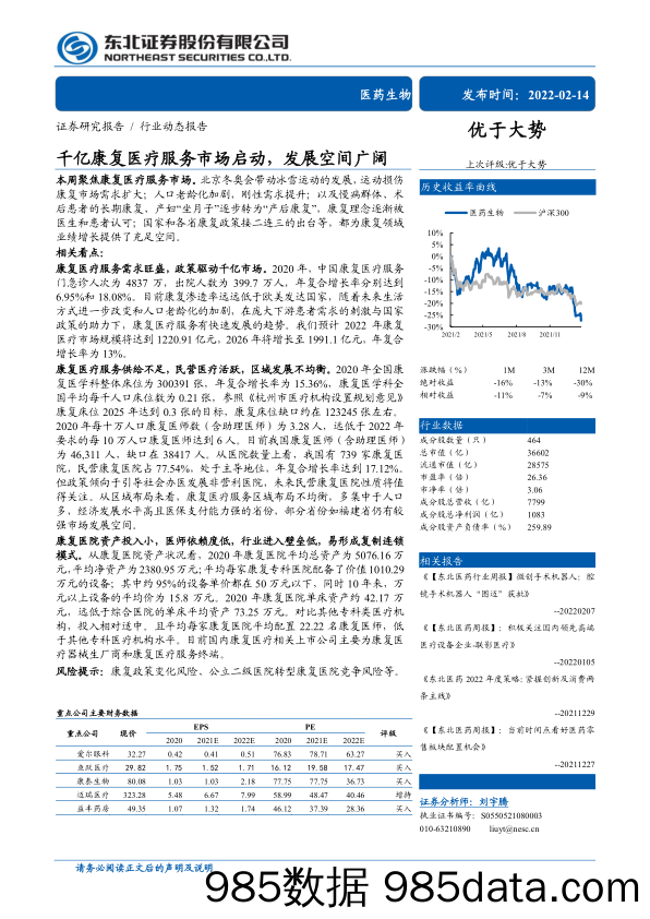 【医疗行业研报】医药生物行业：千亿康复医疗服务市场启动，发展空间广阔-20220214-东北证券