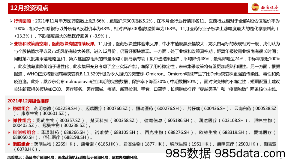 【医疗行业研报】医药行业2021年12月投资月报：业绩和政策真空期，医药板块有望持续反弹-20211206-西南证券插图1