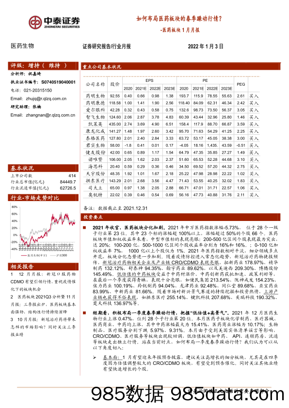 【医疗行业研报】医药行业板块1月月报：如何布局医药板块的春季躁动行情？-20220103-中泰证券