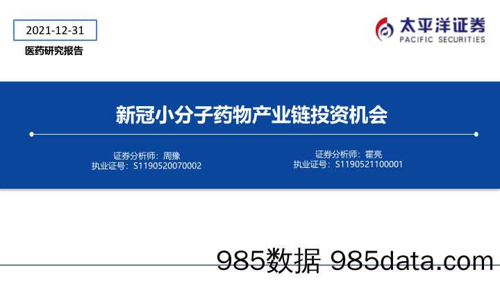 【医疗行业研报】医药行业：新冠小分子药物产业链投资机会-20211231-太平洋证券