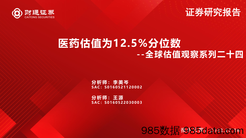 【医疗行业研报】全球估值观察系列二十四：医药估值为12.5%分位数-20221016-财通证券