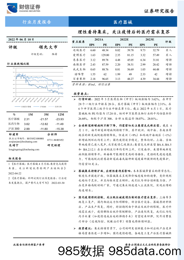 【医疗行业研报】医疗器械行业月度报告：理性看待集采，关注疫情后的医疗需求复苏-20220610-财信证券