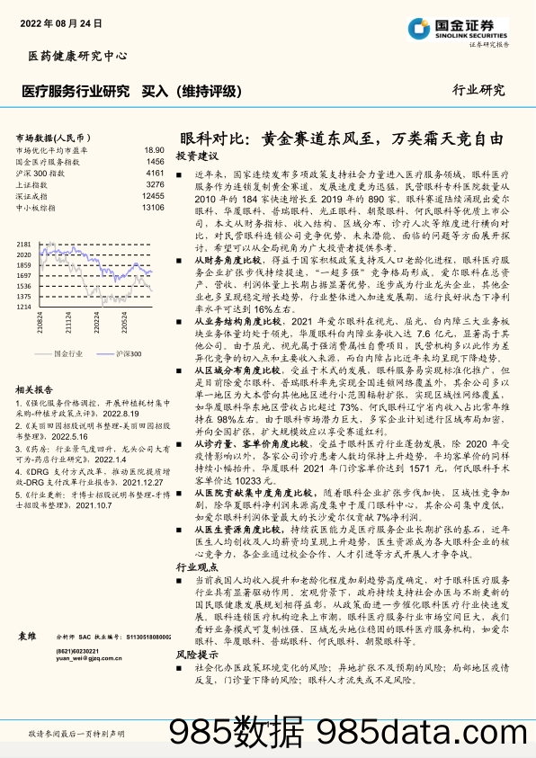 【医疗行业研报】医疗服务行业眼科对比：黄金赛道东风至，万类霜天竞自由-20220824-国金证券