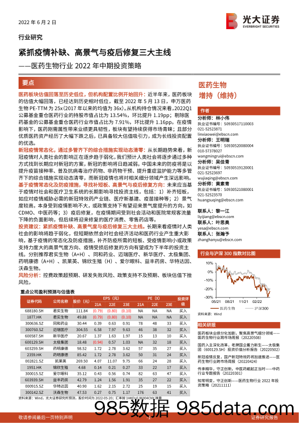 【医疗行业研报】医药生物行业2022年中期投资策略：紧抓疫情补缺、高景气度与疫后修复三大主线-20220602-光大证券