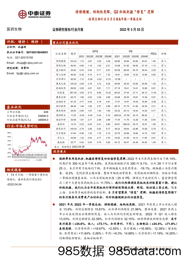 【医疗行业研报】医药生物行业5月月报&年报一季报总结：持续稳健、结构性亮眼，Q2积极把握“修复”逻辑-20220503-中泰证券